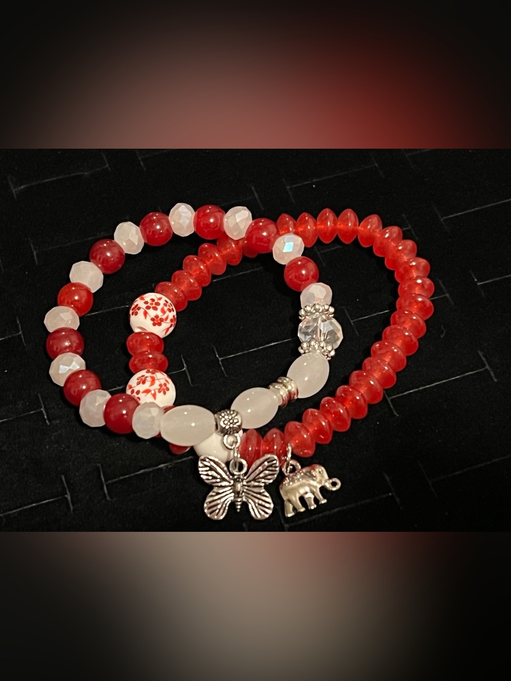 Handmade Red Beaded Bracelet Set with Silver Butterfly & Elephant Charms